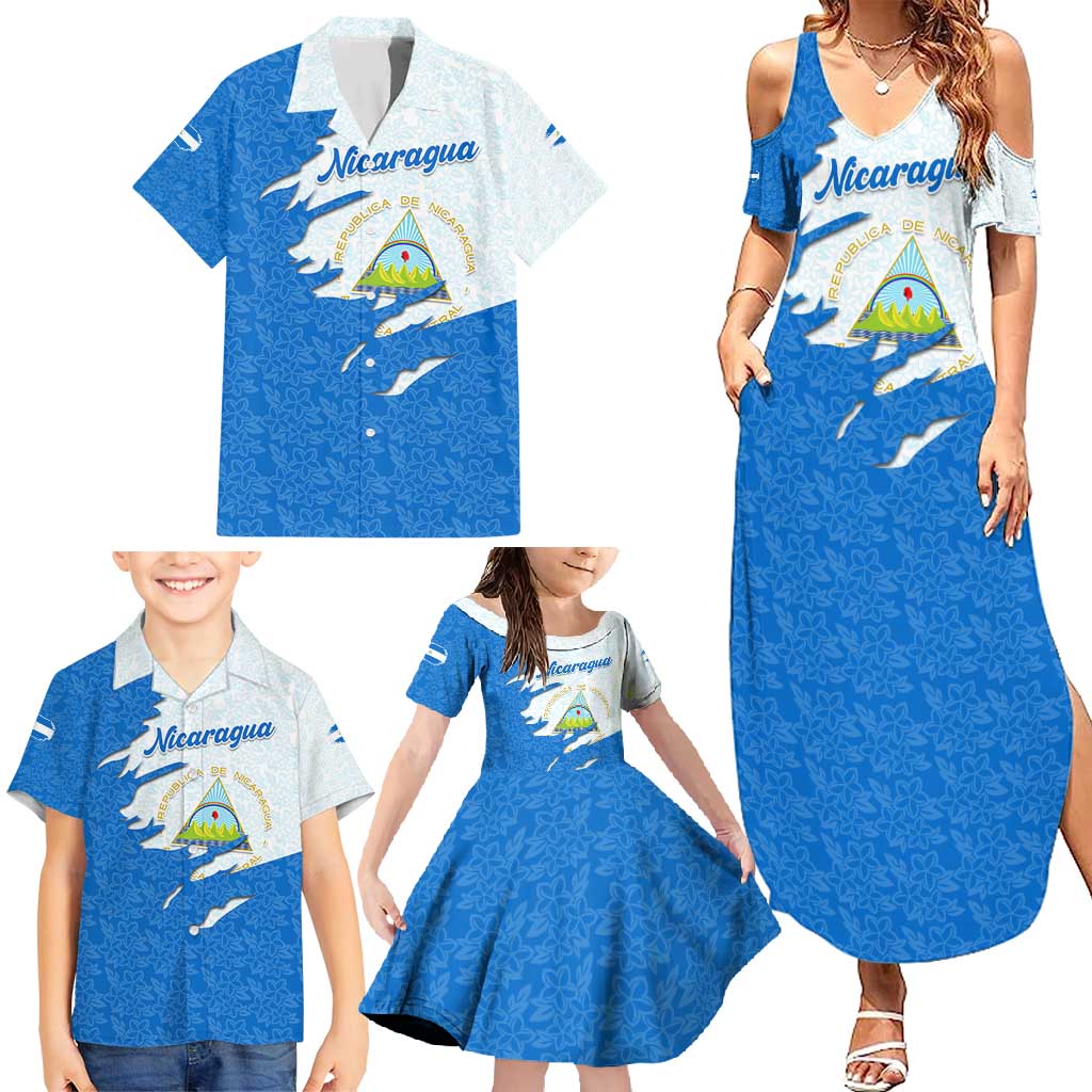 Nicaragua Flag Ripped Effect Family Matching Summer Maxi Dress and Hawaiian Shirt with National Emblem and Floral Pattern Design - Wonder Print Shop