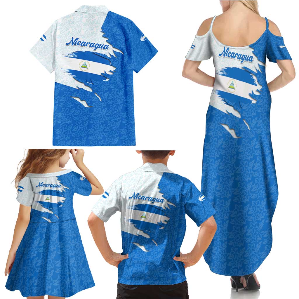 Nicaragua Flag Ripped Effect Family Matching Summer Maxi Dress and Hawaiian Shirt with National Emblem and Floral Pattern Design - Wonder Print Shop