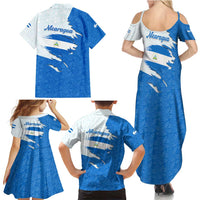 Nicaragua Flag Ripped Effect Family Matching Summer Maxi Dress and Hawaiian Shirt with National Emblem and Floral Pattern Design - Wonder Print Shop
