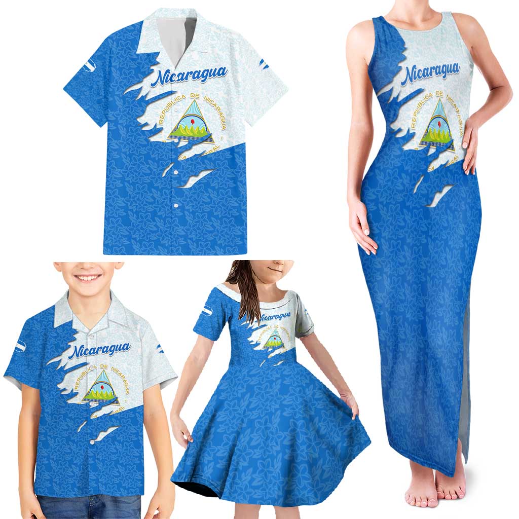 Nicaragua Flag Ripped Effect Family Matching Tank Maxi Dress and Hawaiian Shirt with National Emblem and Floral Pattern Design - Wonder Print Shop