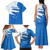 Nicaragua Flag Ripped Effect Family Matching Tank Maxi Dress and Hawaiian Shirt with National Emblem and Floral Pattern Design - Wonder Print Shop