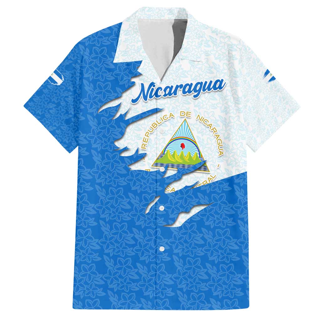 Nicaragua Flag Ripped Effect Family Matching Tank Maxi Dress and Hawaiian Shirt with National Emblem and Floral Pattern Design - Wonder Print Shop