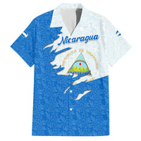 Nicaragua Flag Ripped Effect Family Matching Tank Maxi Dress and Hawaiian Shirt with National Emblem and Floral Pattern Design - Wonder Print Shop