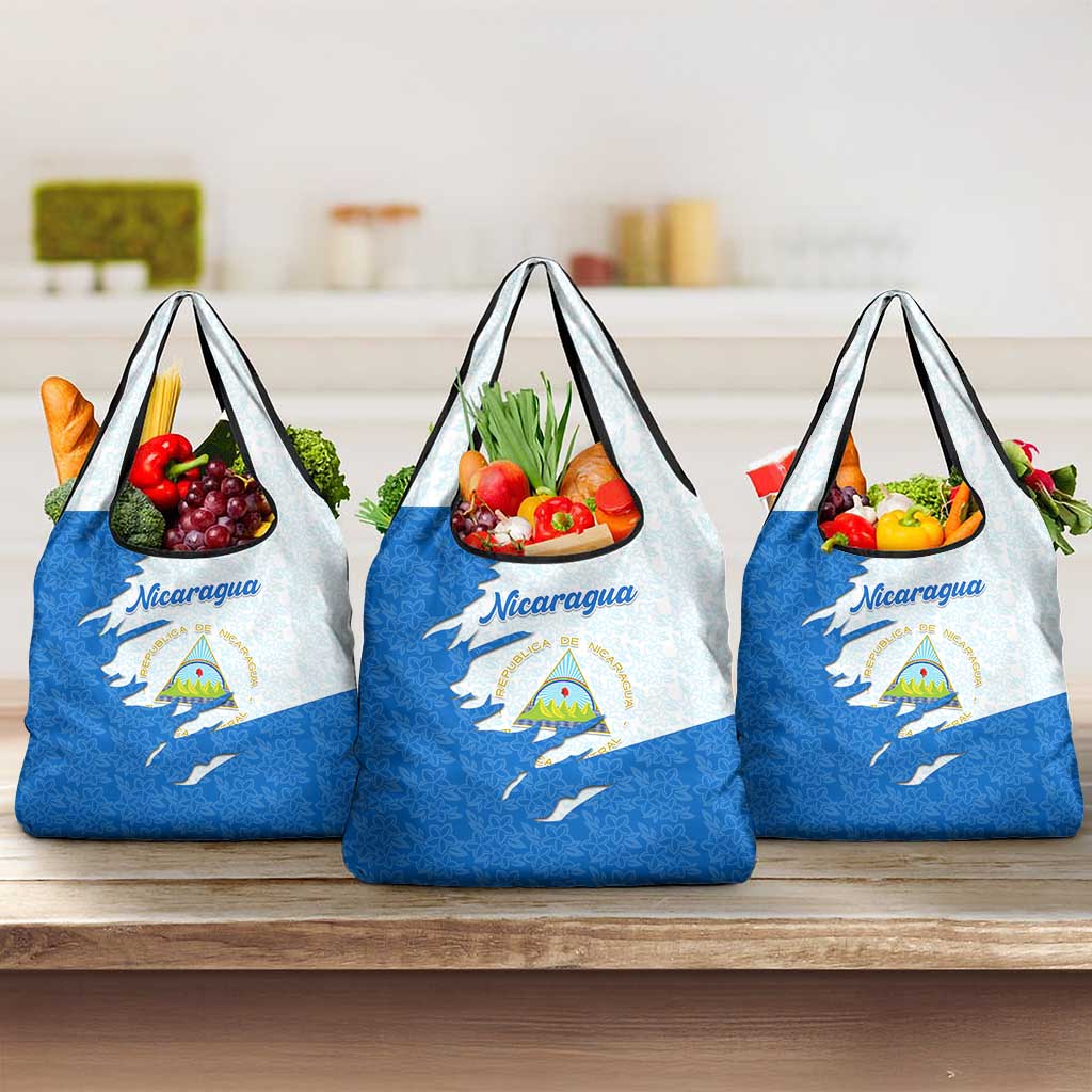 Nicaragua Flag Ripped Effect Grocery Bag with National Emblem and Floral Pattern Design - Wonder Print Shop