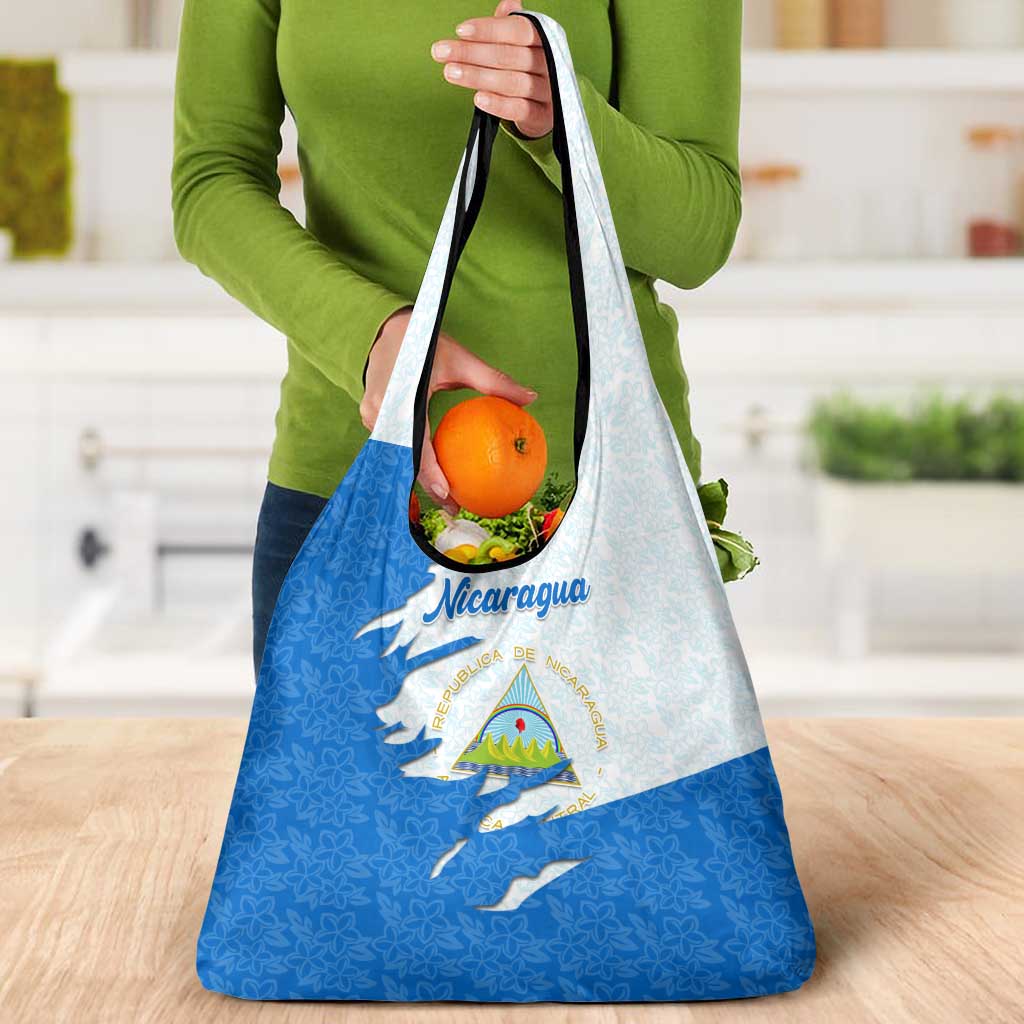 Nicaragua Flag Ripped Effect Grocery Bag with National Emblem and Floral Pattern Design - Wonder Print Shop