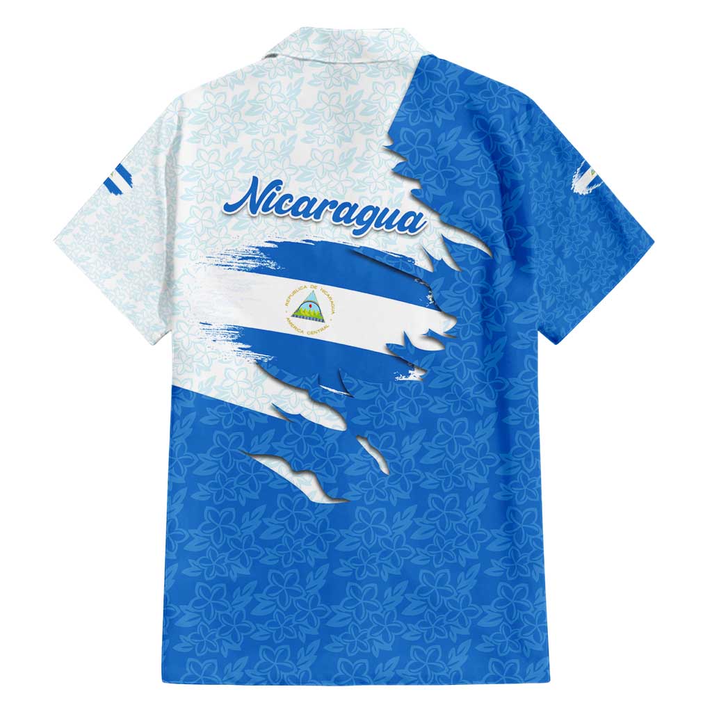 Nicaragua Flag Ripped Effect Hawaiian Shirt with National Emblem and Floral Pattern Design - Wonder Print Shop