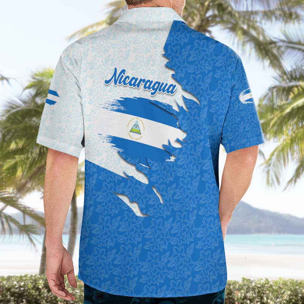 Nicaragua Flag Ripped Effect Hawaiian Shirt with National Emblem and Floral Pattern Design - Wonder Print Shop