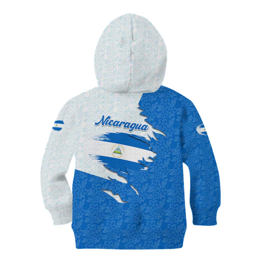Nicaragua Flag Ripped Effect Kid Hoodie with National Emblem and Floral Pattern Design - Wonder Print Shop