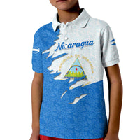 Nicaragua Flag Ripped Effect Kid Polo Shirt with National Emblem and Floral Pattern Design - Wonder Print Shop