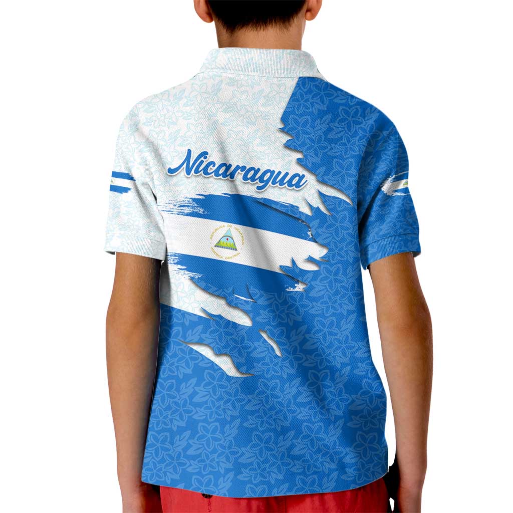 Nicaragua Flag Ripped Effect Kid Polo Shirt with National Emblem and Floral Pattern Design - Wonder Print Shop