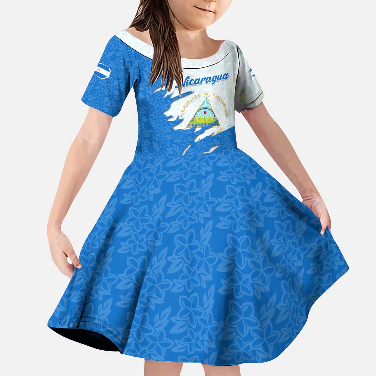Nicaragua Flag Ripped Effect Kid Short Sleeve Dress with National Emblem and Floral Pattern Design - Wonder Print Shop