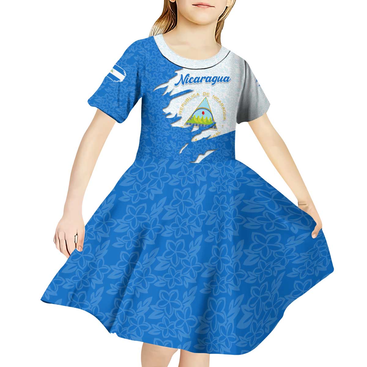 Nicaragua Flag Ripped Effect Kid Short Sleeve Dress with National Emblem and Floral Pattern Design - Wonder Print Shop