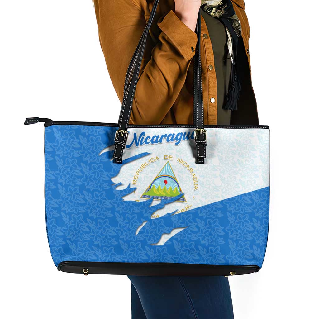 Nicaragua Flag Ripped Effect Leather Tote Bag with National Emblem and Floral Pattern Design - Wonder Print Shop