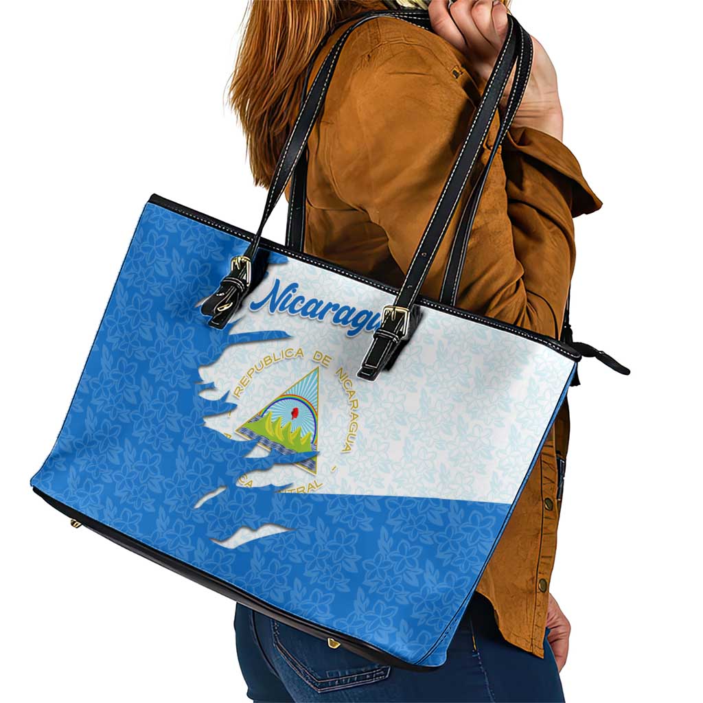 Nicaragua Flag Ripped Effect Leather Tote Bag with National Emblem and Floral Pattern Design - Wonder Print Shop