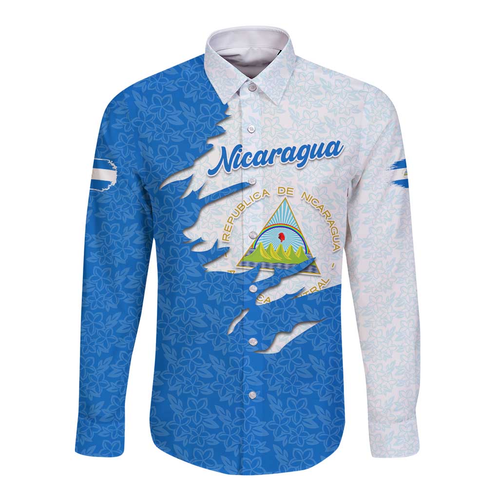 Nicaragua Flag Ripped Effect Long Sleeve Button Shirt with National Emblem and Floral Pattern Design - Wonder Print Shop
