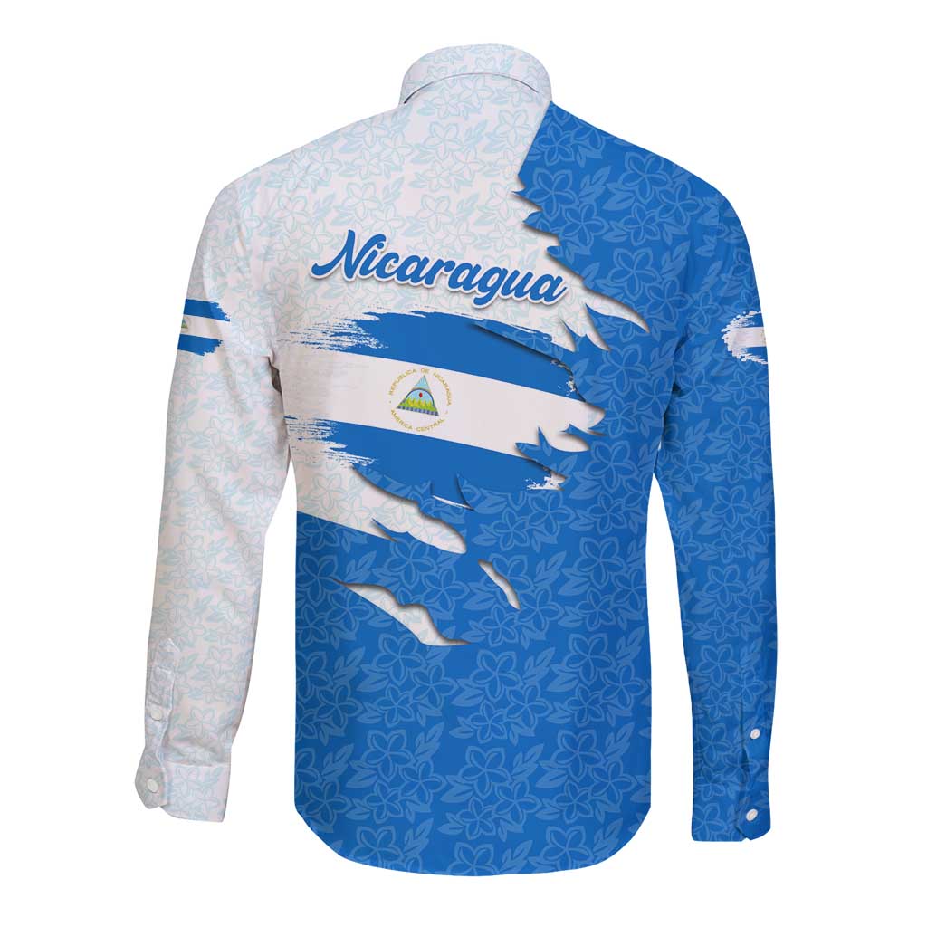 Nicaragua Flag Ripped Effect Long Sleeve Button Shirt with National Emblem and Floral Pattern Design - Wonder Print Shop