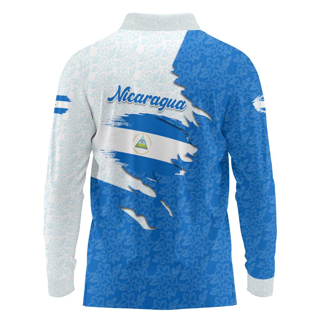 Nicaragua Flag Ripped Effect Long Sleeve Polo Shirt with National Emblem and Floral Pattern Design - Wonder Print Shop
