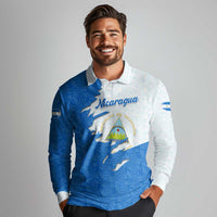 Nicaragua Flag Ripped Effect Long Sleeve Polo Shirt with National Emblem and Floral Pattern Design - Wonder Print Shop