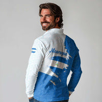 Nicaragua Flag Ripped Effect Long Sleeve Polo Shirt with National Emblem and Floral Pattern Design - Wonder Print Shop