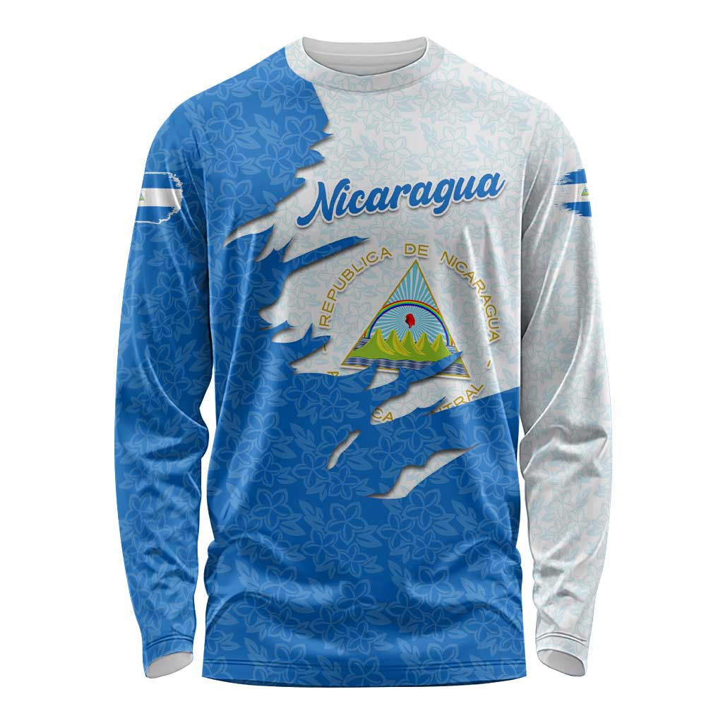 Nicaragua Flag Ripped Effect Long Sleeve Shirt with National Emblem and Floral Pattern Design - Wonder Print Shop