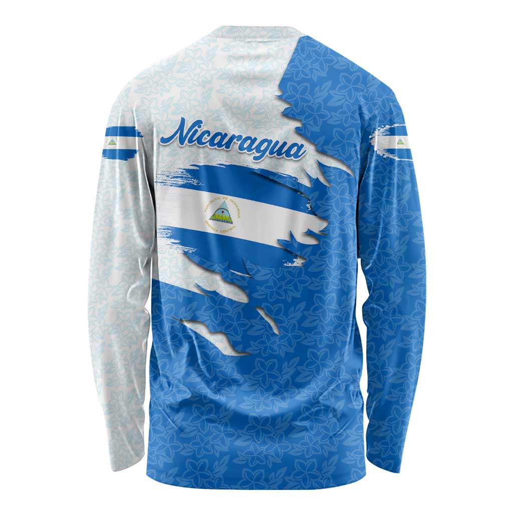 Nicaragua Flag Ripped Effect Long Sleeve Shirt with National Emblem and Floral Pattern Design - Wonder Print Shop