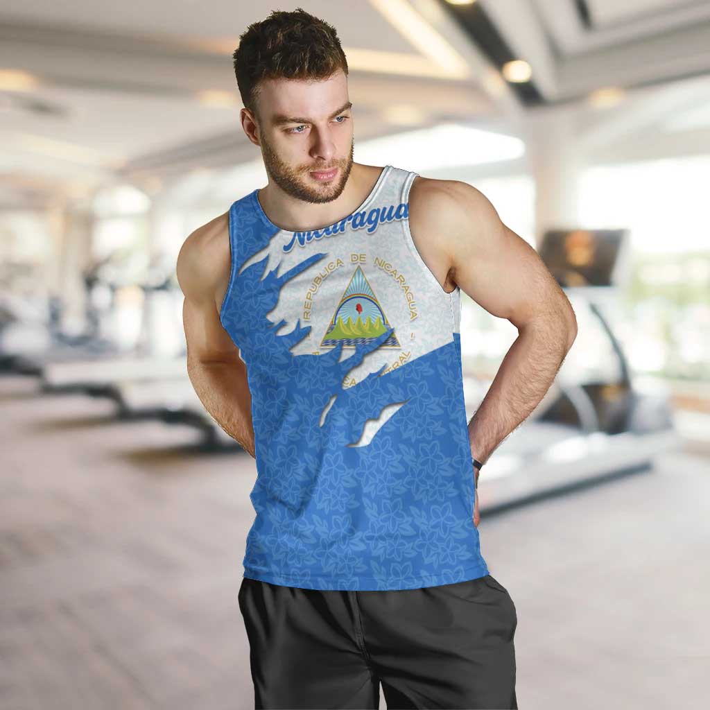 Nicaragua Flag Ripped Effect Men Tank Top with National Emblem and Floral Pattern Design - Wonder Print Shop