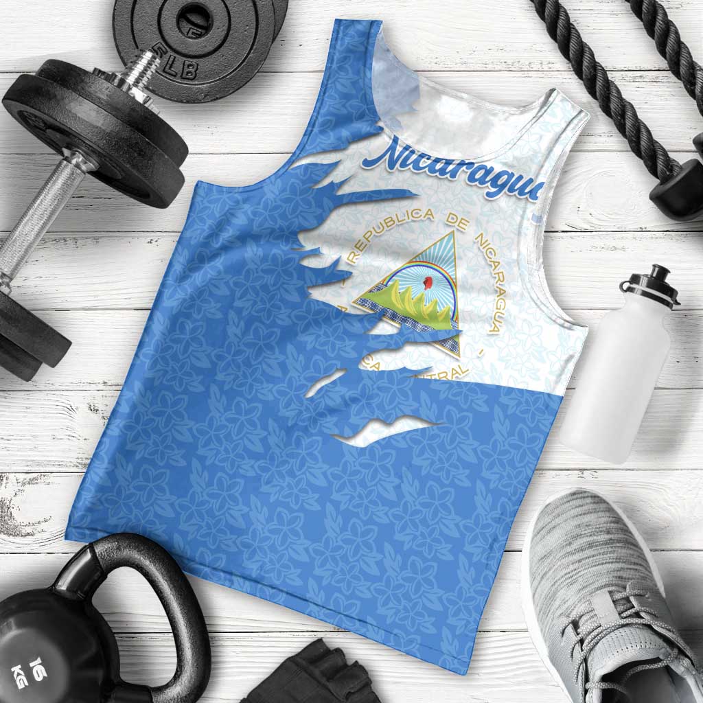 Nicaragua Flag Ripped Effect Men Tank Top with National Emblem and Floral Pattern Design - Wonder Print Shop
