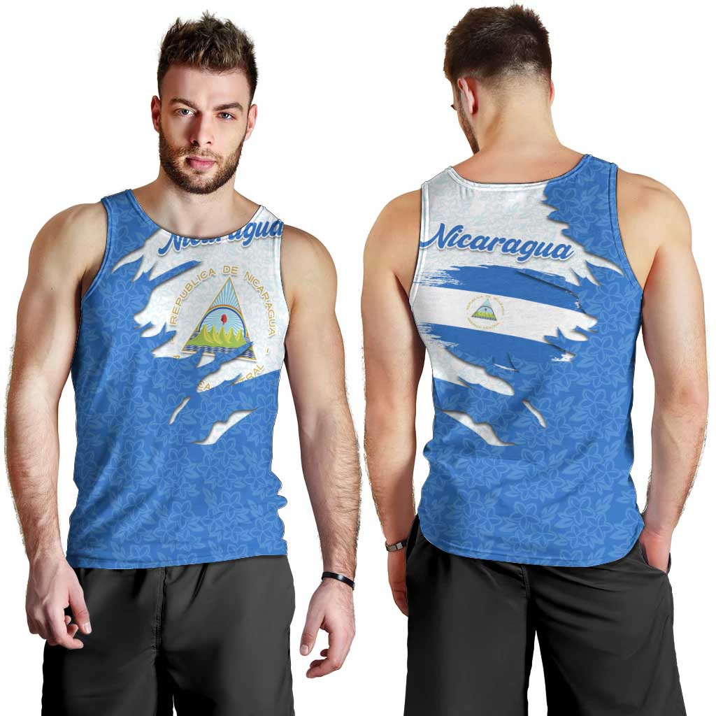 Nicaragua Flag Ripped Effect Men Tank Top with National Emblem and Floral Pattern Design - Wonder Print Shop