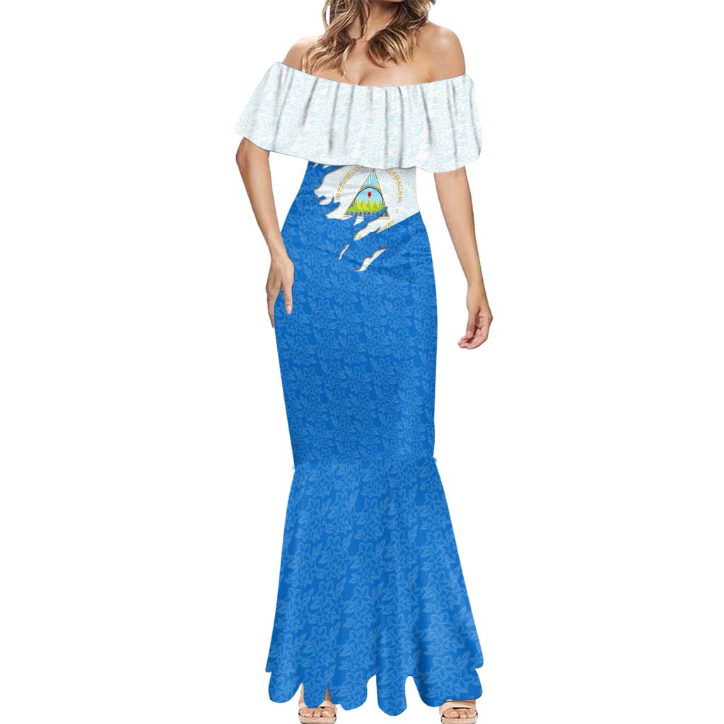 Nicaragua Flag Ripped Effect Mermaid Dress with National Emblem and Floral Pattern Design - Wonder Print Shop