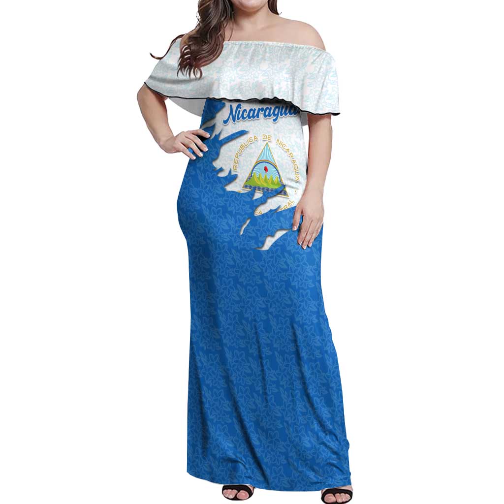 Nicaragua Flag Ripped Effect Off Shoulder Maxi Dress with National Emblem and Floral Pattern Design - Wonder Print Shop