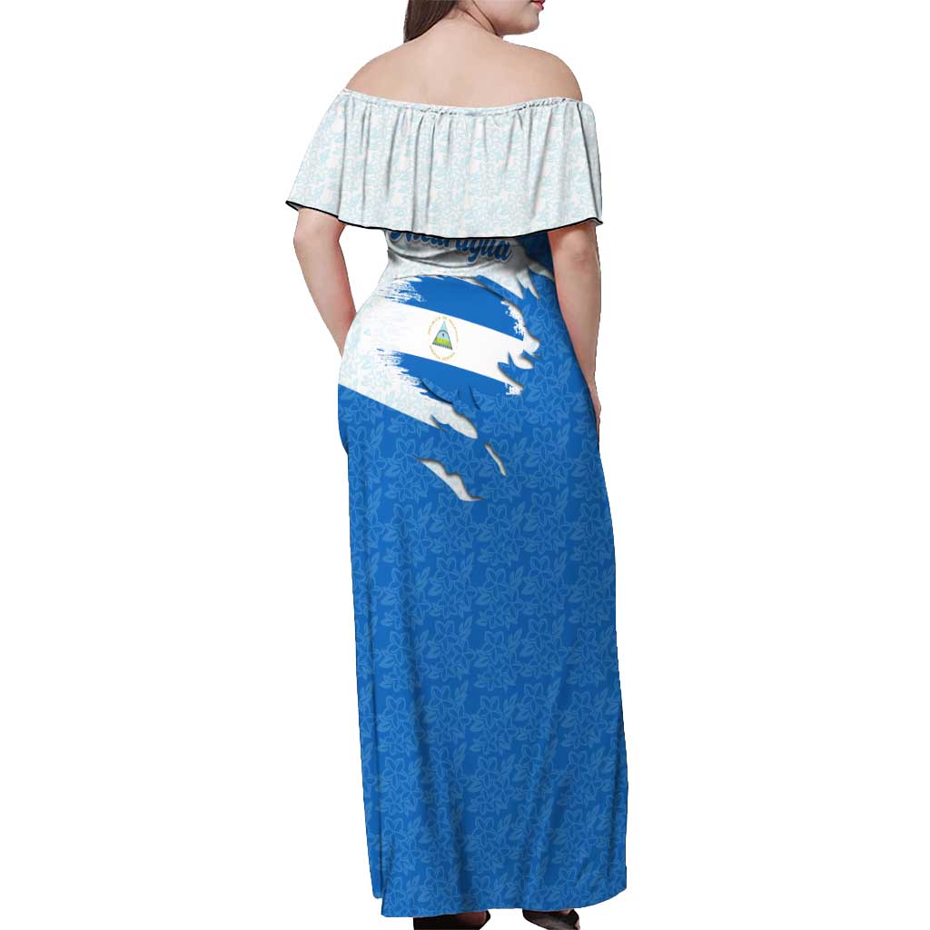 Nicaragua Flag Ripped Effect Off Shoulder Maxi Dress with National Emblem and Floral Pattern Design - Wonder Print Shop