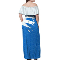 Nicaragua Flag Ripped Effect Off Shoulder Maxi Dress with National Emblem and Floral Pattern Design - Wonder Print Shop