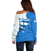 Nicaragua Flag Ripped Effect Off Shoulder Sweater with National Emblem and Floral Pattern Design - Wonder Print Shop