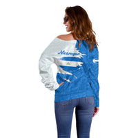 Nicaragua Flag Ripped Effect Off Shoulder Sweater with National Emblem and Floral Pattern Design - Wonder Print Shop