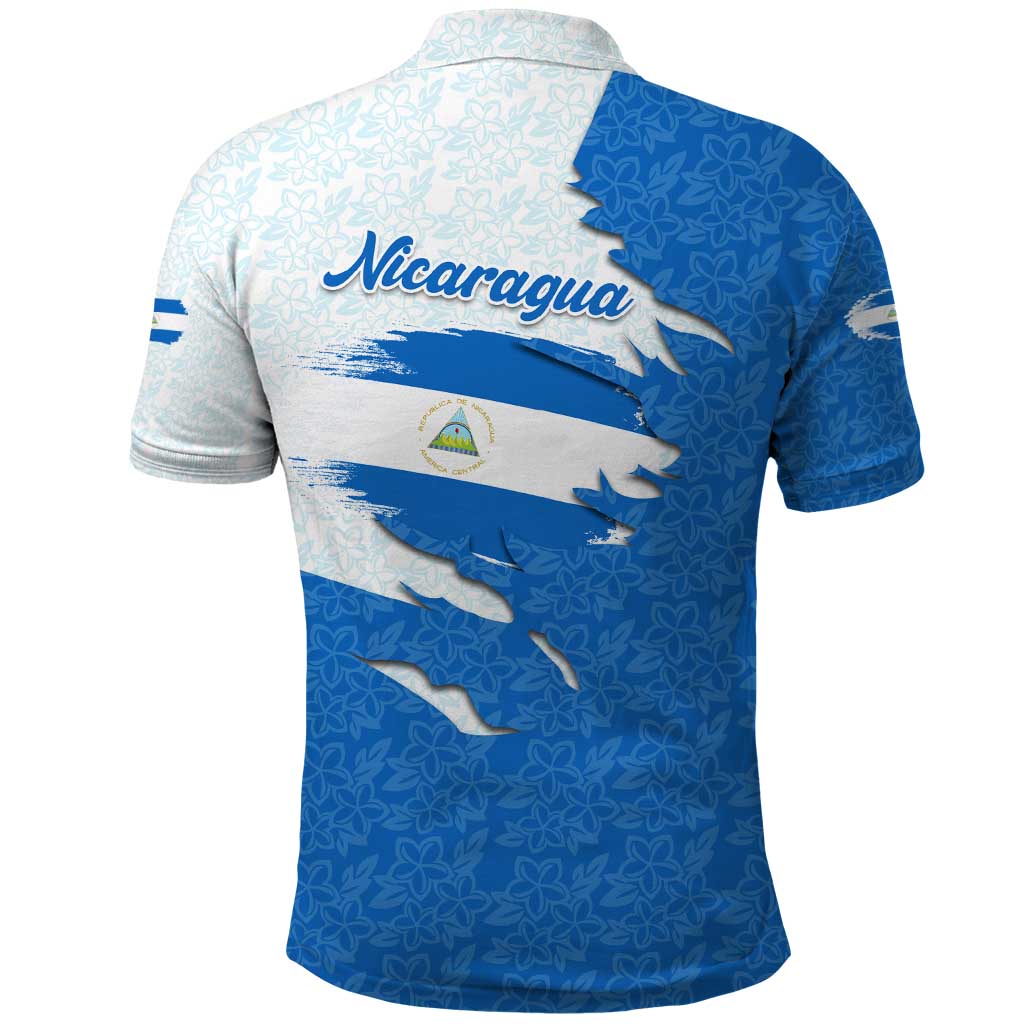Nicaragua Flag Ripped Effect Polo Shirt with National Emblem and Floral Pattern Design - Wonder Print Shop