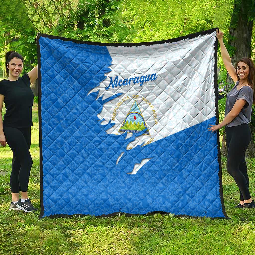 Nicaragua Flag Ripped Effect Quilt with National Emblem and Floral Pattern Design - Wonder Print Shop