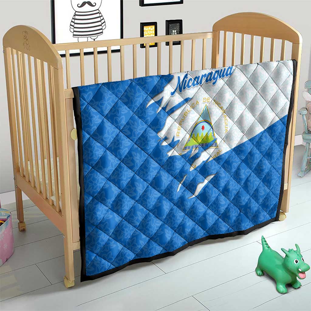 Nicaragua Flag Ripped Effect Quilt with National Emblem and Floral Pattern Design - Wonder Print Shop