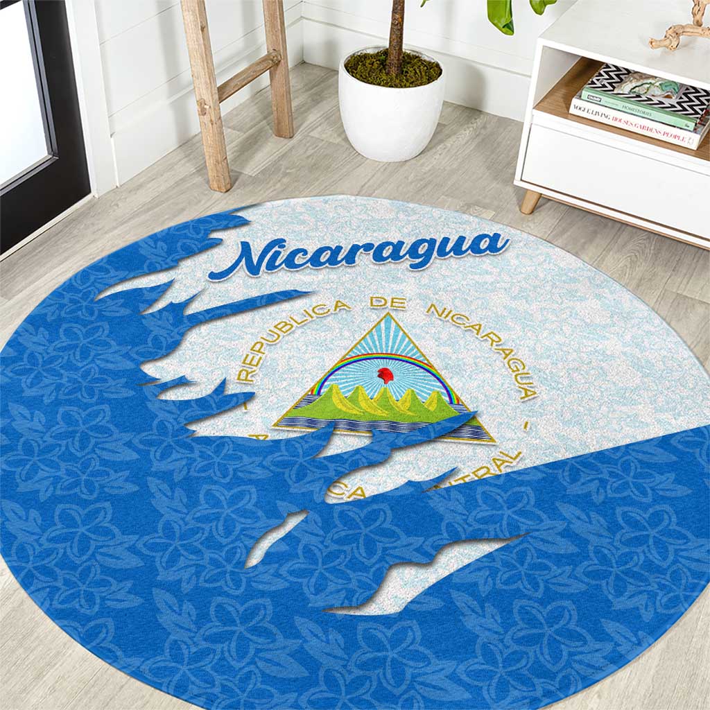 Nicaragua Flag Ripped Effect Round Carpet with National Emblem and Floral Pattern Design - Wonder Print Shop