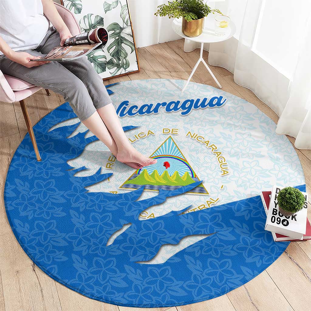 Nicaragua Flag Ripped Effect Round Carpet with National Emblem and Floral Pattern Design - Wonder Print Shop
