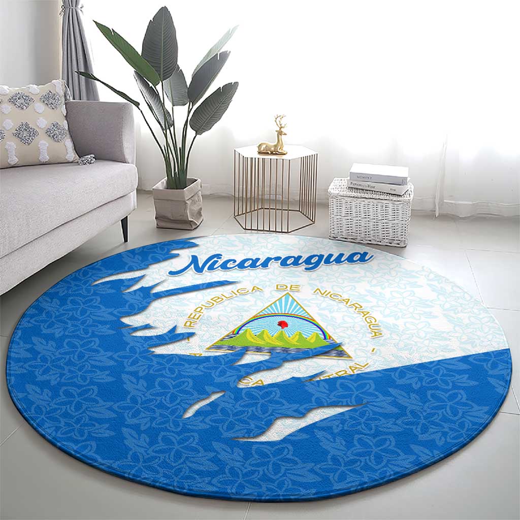 Nicaragua Flag Ripped Effect Round Carpet with National Emblem and Floral Pattern Design - Wonder Print Shop