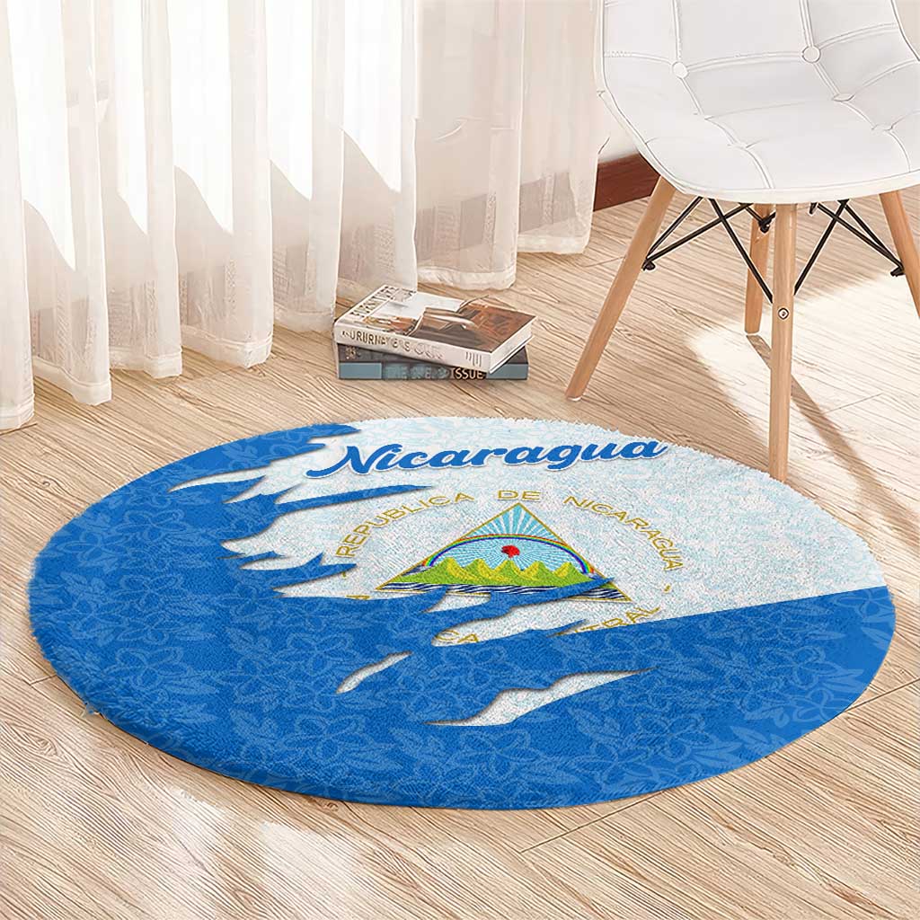 Nicaragua Flag Ripped Effect Round Carpet with National Emblem and Floral Pattern Design - Wonder Print Shop