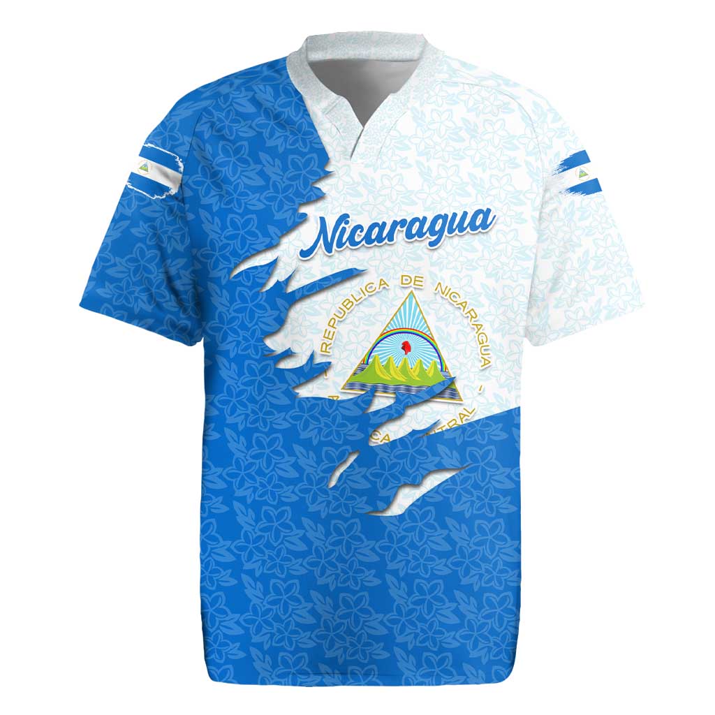 Nicaragua Flag Ripped Effect Rugby Jersey with National Emblem and Floral Pattern Design - Wonder Print Shop