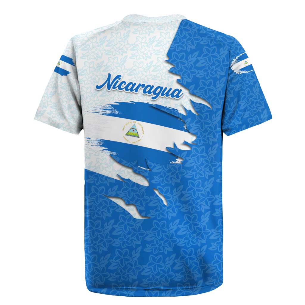 Nicaragua Flag Ripped Effect Rugby Jersey with National Emblem and Floral Pattern Design - Wonder Print Shop