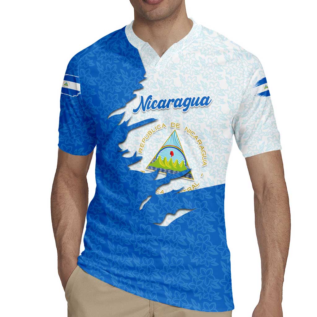 Nicaragua Flag Ripped Effect Rugby Jersey with National Emblem and Floral Pattern Design - Wonder Print Shop