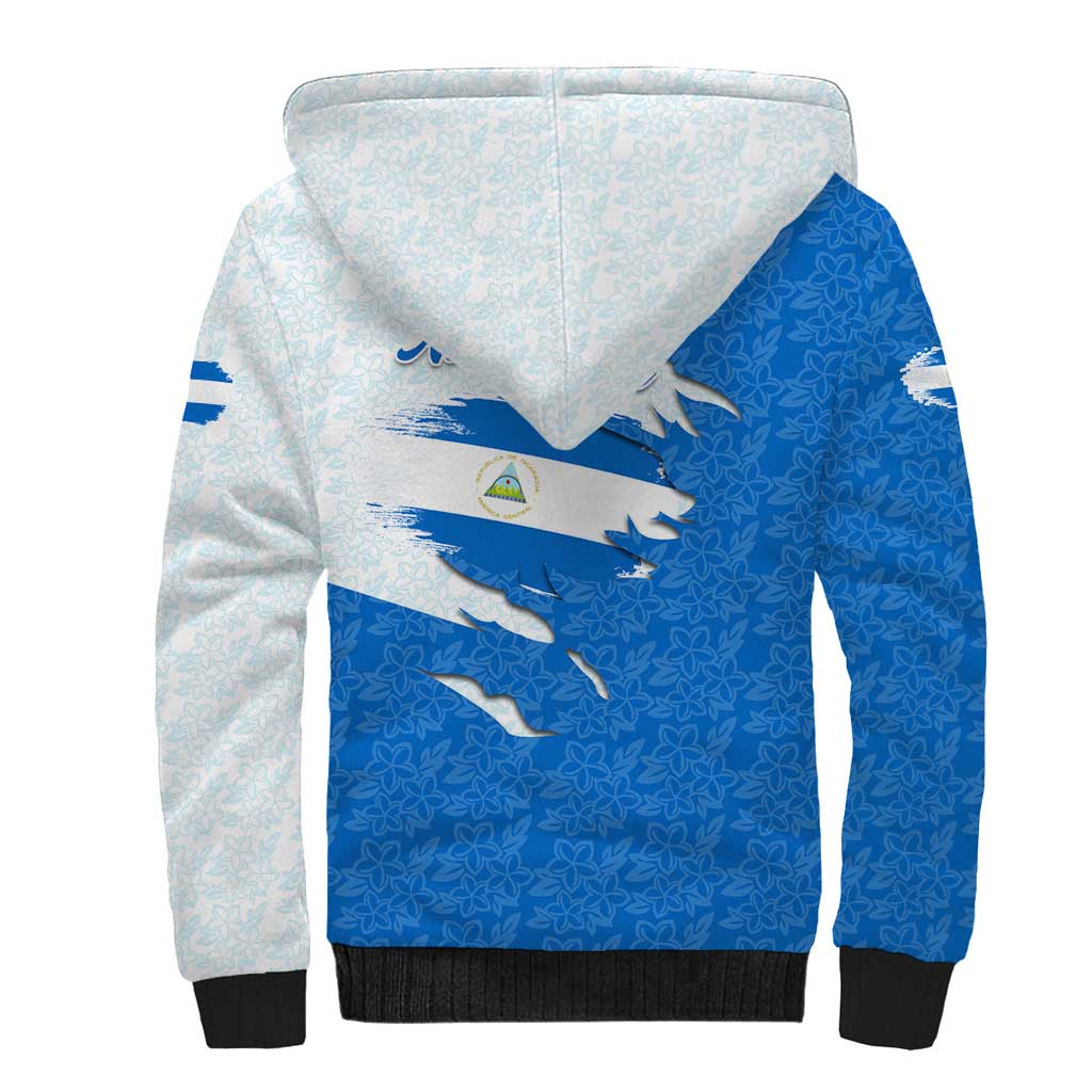 Nicaragua Flag Ripped Effect Sherpa Hoodie with National Emblem and Floral Pattern Design - Wonder Print Shop