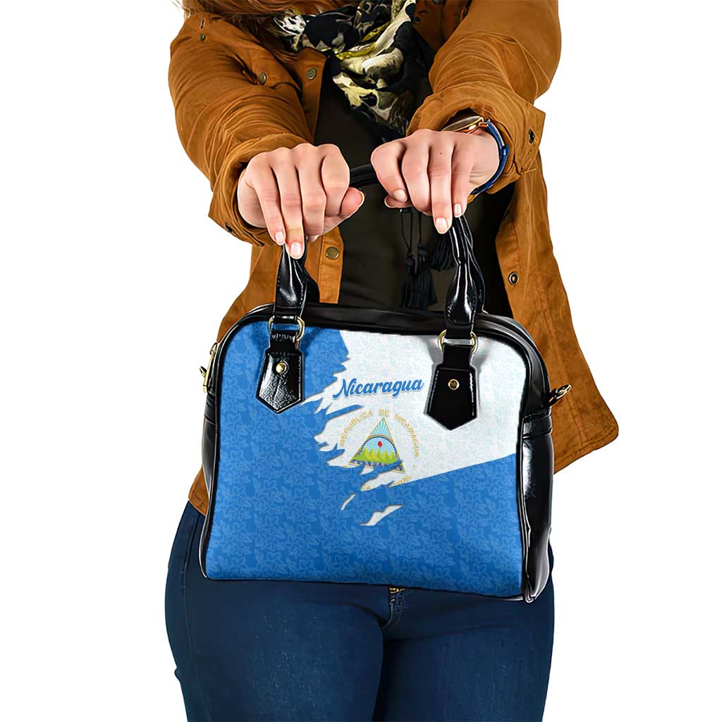 Nicaragua Flag Ripped Effect Shoulder Handbag with National Emblem and Floral Pattern Design - Wonder Print Shop