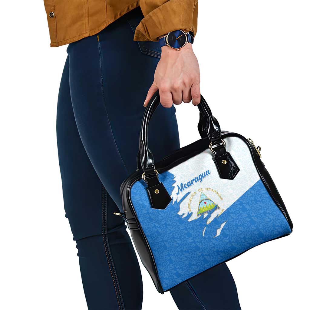 Nicaragua Flag Ripped Effect Shoulder Handbag with National Emblem and Floral Pattern Design - Wonder Print Shop