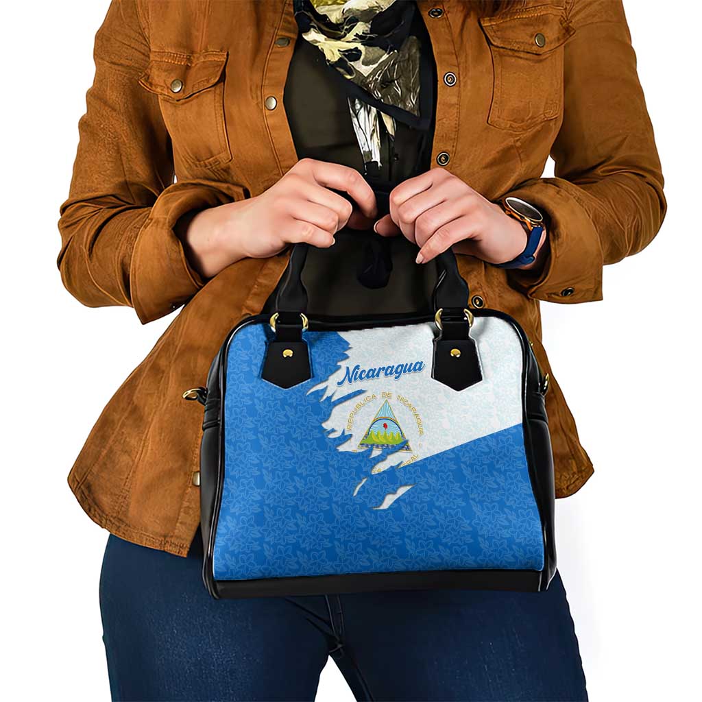 Nicaragua Flag Ripped Effect Shoulder Handbag with National Emblem and Floral Pattern Design - Wonder Print Shop