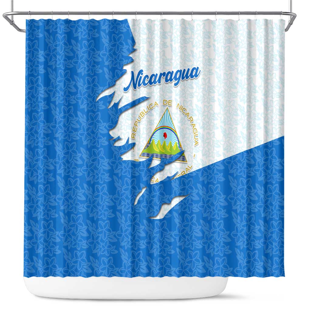 Nicaragua Flag Ripped Effect Shower Curtain with National Emblem and Floral Pattern Design - Wonder Print Shop