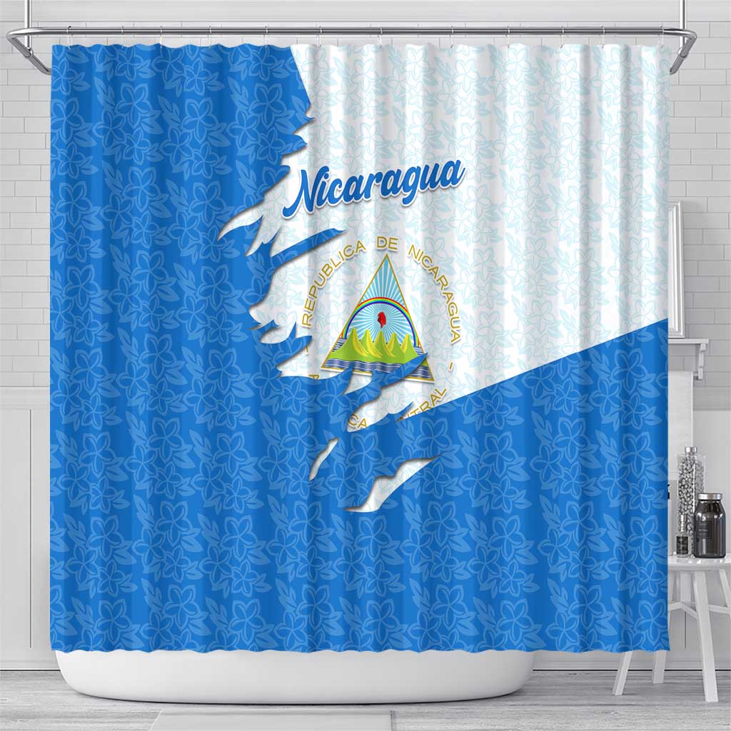 Nicaragua Flag Ripped Effect Shower Curtain with National Emblem and Floral Pattern Design - Wonder Print Shop